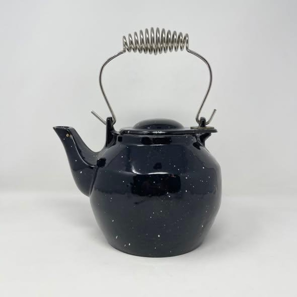 VTG Enameled Cast Iron Steamer Kettle Black White‎ Speckled 2.5 QT Farmhouse